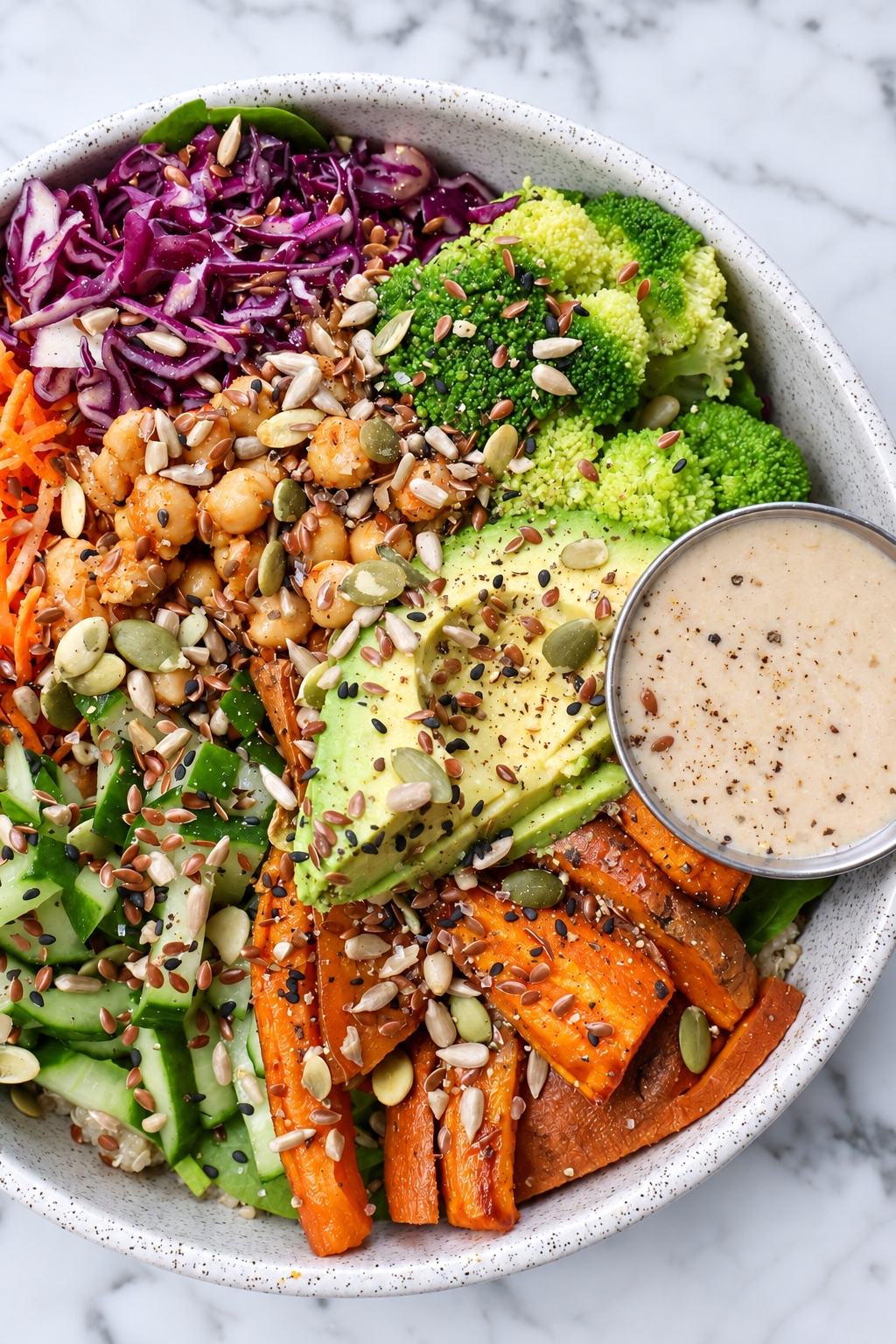 A colourful Well salad with avocado, vegetables and a dip