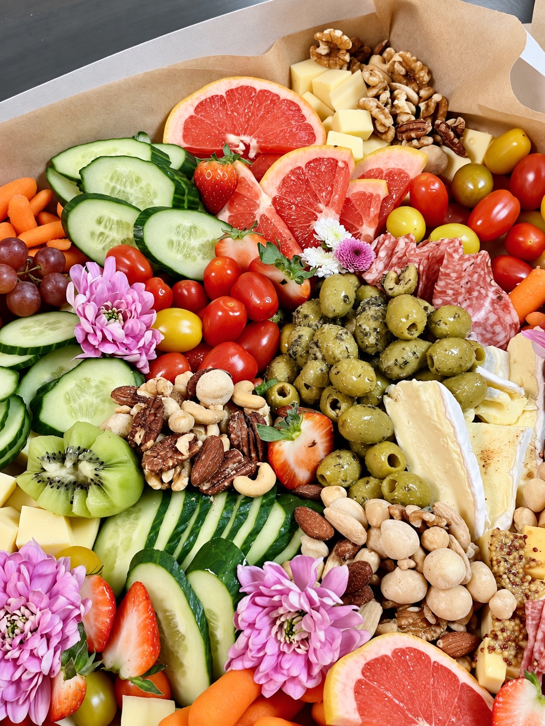 A Well sharing platter with cheese, fruit, vegetables, olives and small bites